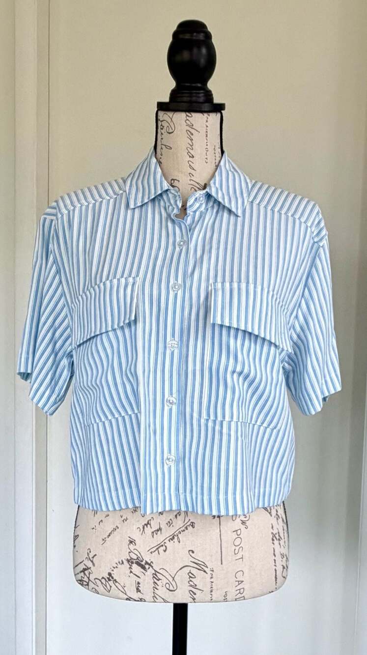 Dizzy Lizzy Blue and White Striped Cropped Button Down Camp Shirt Medium